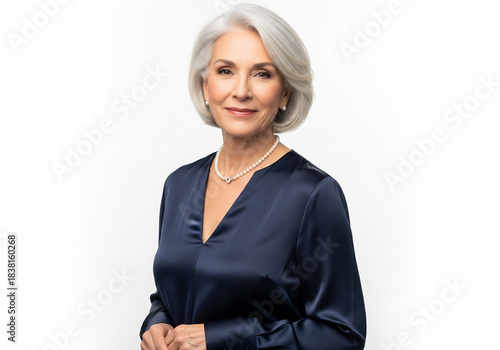 Elegant mature woman with grey hair and pearls smiling confidently in a blue satin blouse on white background