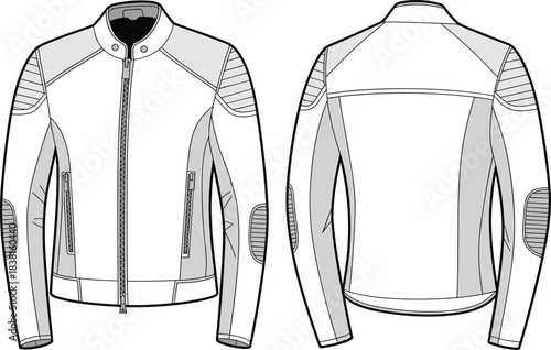 Protective jacket fashion sketch, padded shoulder elbow panels, zip front collar, cad drawing flat vector