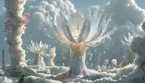 enorme pianta sbocciata dai petali luminosi simile ad un loto in una foresta magica, enormous plant with bright petals like a lotus in a magical forest