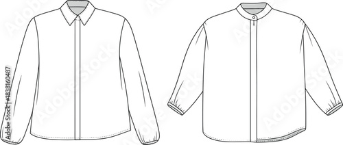 Shirt fashion sketch, pointed collar gathered cuff long sleeve and band collar 3/4 sleeve, cad drawing flat vector