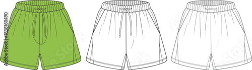 Shorts fashion sketch, elastic waistband drawstring side pockets curved hem variation, cad drawing flat vector