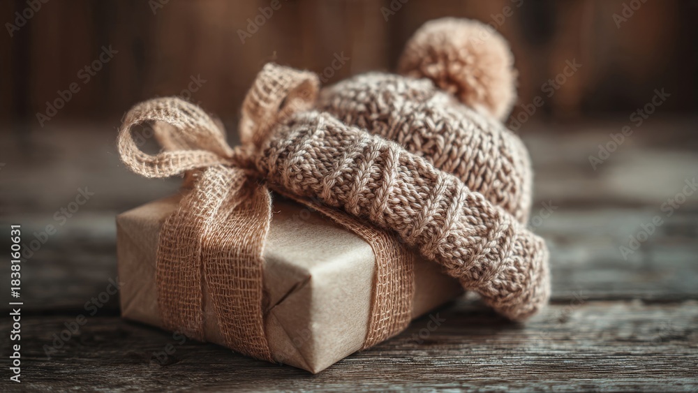 Fototapeta premium Wrapped Gift Box with Knitted Hat for Winter Holiday