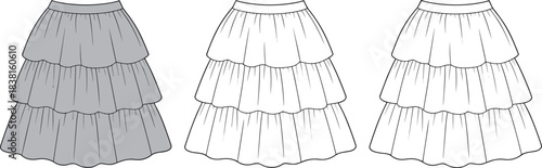 Tiered skirt fashion sketch, gathered three-layer design, flowing silhouette, front view variations, cad drawing flat vector