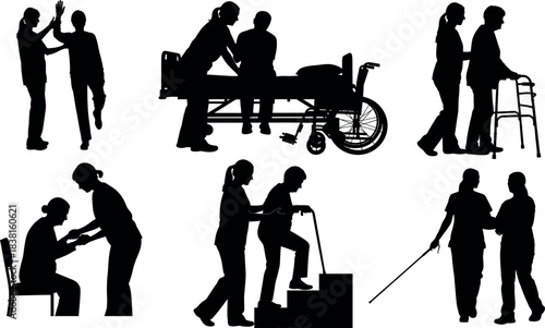 Caregiver assisting elderly patient with walker – CNA silhouette, healthcare aid, mobility support vector, Homo sapiens outline for medical and nursing themes