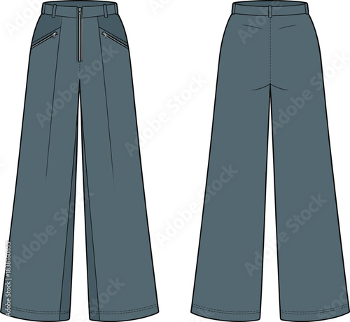 Wide leg pants fashion sketch, high waist zip pockets, tailored seams, cad drawing flat vector