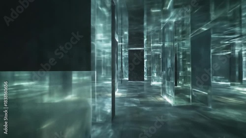 Abstract corridor with glass walls reflecting light and creating depth