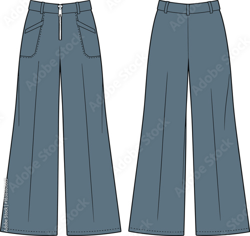 Wide leg pants fashion sketch, high waist zipper closure, slanted pockets, cad drawing flat vector