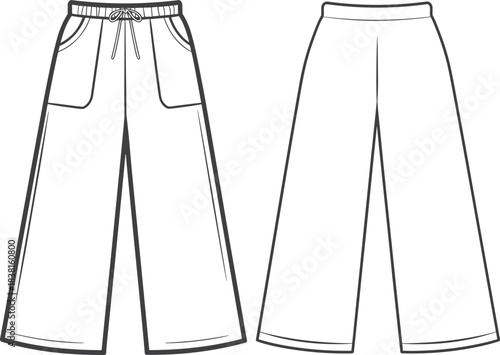 Wide leg pants technical sketch, fashion flat front back view, elastic waist, cad drawing flat vector