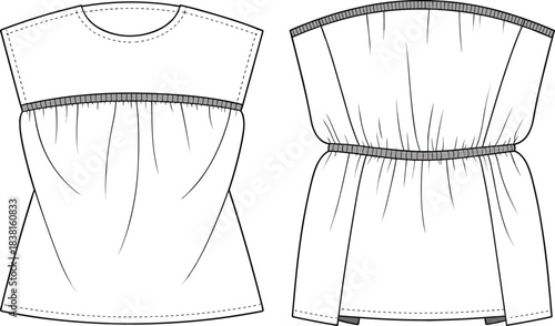 Women's top fashion sketch, round neck yoke gathered bust strapless elastic waist, cad drawing flat vector