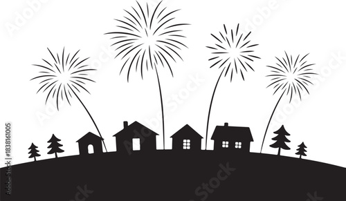 Black silhouette of houses and trees with fireworks display