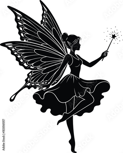 Black flying fairy silhouette vector, beautiful mystical pixie with butterfly wings and magic wand, fantasy creature icon.