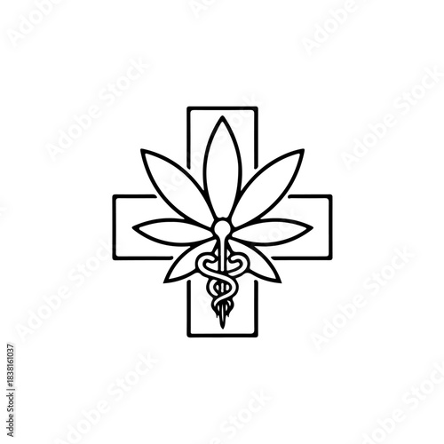Medical cannabis symbol with caduceus on a cross outline icon