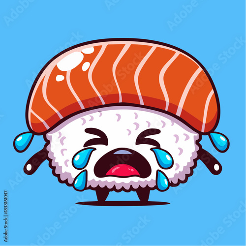 Cute cartoon illustration of a crying salmon sushi character with tears streaming down its face, depicted in a fun, hand-drawn style with a simple color palette against a solid blue background