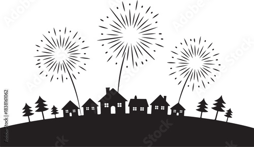 Black silhouette of houses and trees with fireworks display