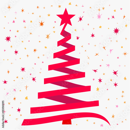 Festive Holiday Christmas Tree Illustration with Red Ribbon and Twinkling Star, Surrounded by Falling Confetti Stars