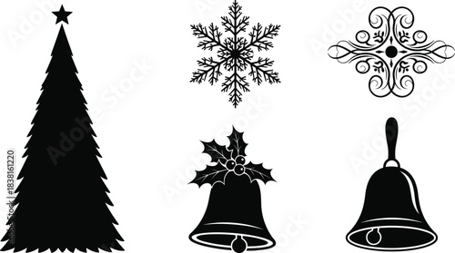 Elegant Christmas Icons Vector Set: Pine Tree Silhouette with Star, Detailed Snowflake, Holly Berry Bell, and Festive Swirl Ornament Decoration.