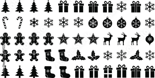 Large Collection of Black Christmas and Holiday Silhouettes: Icons of Gingerbread Men, Gifts, Trees, Snowflakes, Reindeer, and Stockings for Festive Decoration and Design.