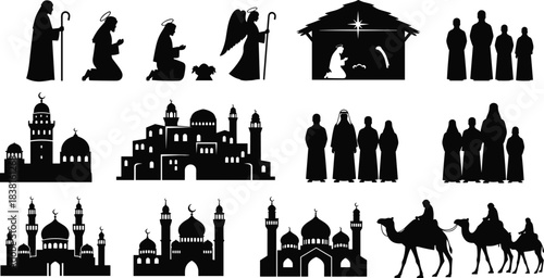Nativity and Middle Eastern Silhouettes Vector Set: Christmas Wisemen, Angel, Shepherds, Holy Family, Bethlehem, Mosque, Old City, Arabic Travelers on Camels.