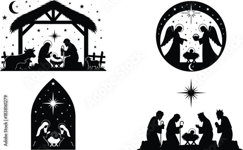 Nativity scene black silhouette vector set, Christmas stable, angels, Three Wise Men, baby Jesus, Mary, Joseph, holiday religious icons.