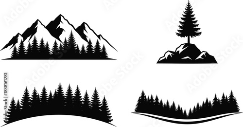 Mountain and pine tree forest silhouette vector set, nature landscape, outdoor adventure, rocky peak, woodland, wilderness graphic collection.