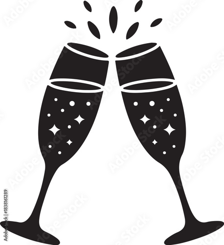 Black silhouette of two champagne glasses clinking with bubbles