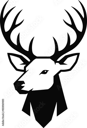 Stylized black and white deer head vector illustration, buck head mascot, strong animal logo, hunting and wildlife graphic design element.