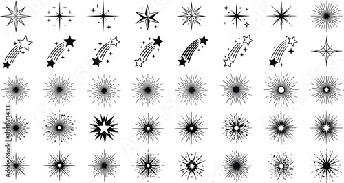 Starburst and sparkle vector icon set, different shapes of shining stars, sunburst, explosion, shooting comet, collection of graphic elements.
