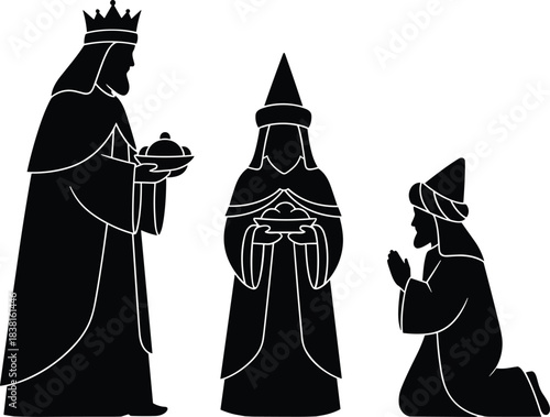 Three Wise Men black silhouette vector set, Magikings kneeling and standing with gifts, Epiphany, religious Christmas icon graphic.