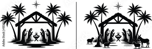 Tropical Nativity scene black silhouette vector, stable with palm trees, baby Jesus, Mary, Joseph, Wise Men, religious Christmas icon.