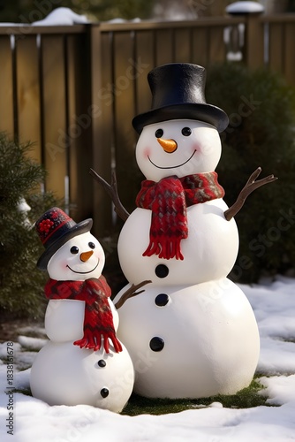 Happy Snowman Family Outdoors — Mom, Dad and Child Snowmen in Snowy Garden at Christmas snowman with red hat