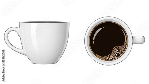 Top View of White Coffee Cup Filled with Black Coffee on White Background, Drink Illustration