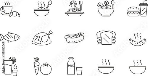 Minimal food icon set, outline restaurant symbols, breakfast lunch dinner meals, beverage snacks, bakery fast food, vector ui design elements