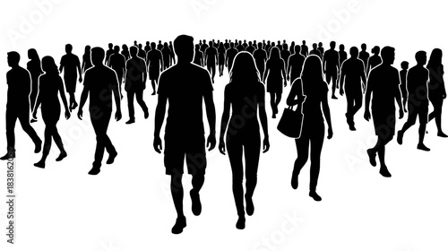 Silhouette Crowd of People Walking Forward on White Background