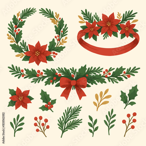 Christmas Floral Wreath and Poinsettia Clipart Collection