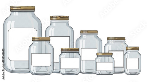 Illustrative graphic of diverse empty glass jars with golden lids and labels
