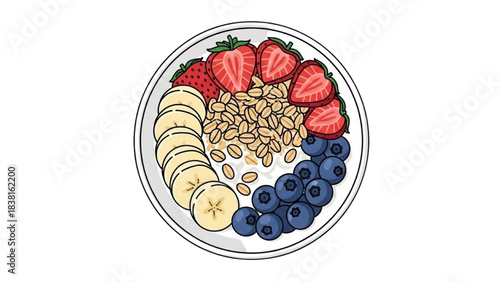 Healthy Breakfast Bowl with Strawberries, Bananas, Blueberries, and Granola in White Bowl Top View