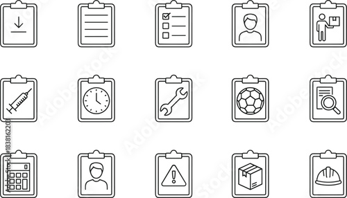 Minimal clipboard icon set, linear outline symbols for checklist tasks documents profile tools medical logistics business workflow UI design vector