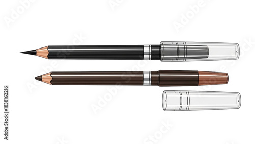 Artistic Drawing Tools, Pencils and Eyeliners, Studio Workspace, Product Photography, Minimalist Style, Close-Up View, Creative Concepts