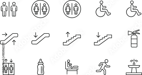 Public restroom accessibility icon set with male female toilet wheelchair elevator escalator stairs fire extinguisher baby bottle signs vector outline