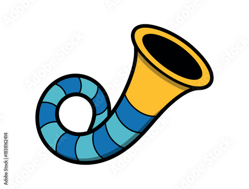 A colorful cartoon illustration of a vintage horn on a white background.