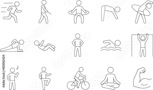 Fitness activity line icons set with running, stretching, yoga, swimming, cycling, workout, exercise poses, healthy lifestyle sports vector