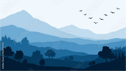 Serene Nature Landscape with Flying Birds in Blue Hues