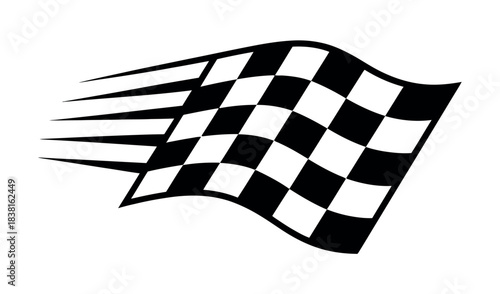 A checkered flag waves with motion lines against a white background.