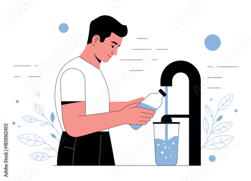 A man fills a bottle with water from a dispenser.