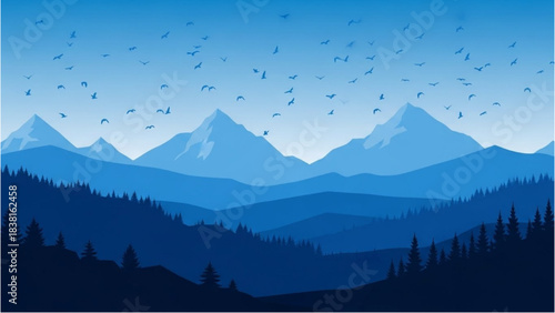Mountain Landscape with Birds, Nature Scene, Outdoor Illustration, Serene Environment