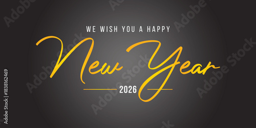 Elegant happy new year 2026 typography with gold white and black elements on a contrasting background