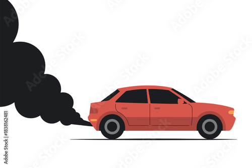 A red car emits thick black exhaust fumes into the air.