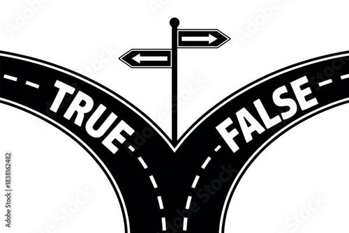 A road splits into two directions, labeled 'True' and 'False' with directional arrows.