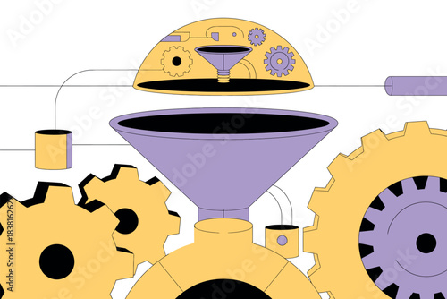 Abstract illustration of gears and funnels representing a process or system.