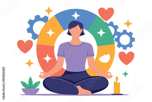 A person meditates in a lotus position surrounded by colorful symbols of well-being and gears.